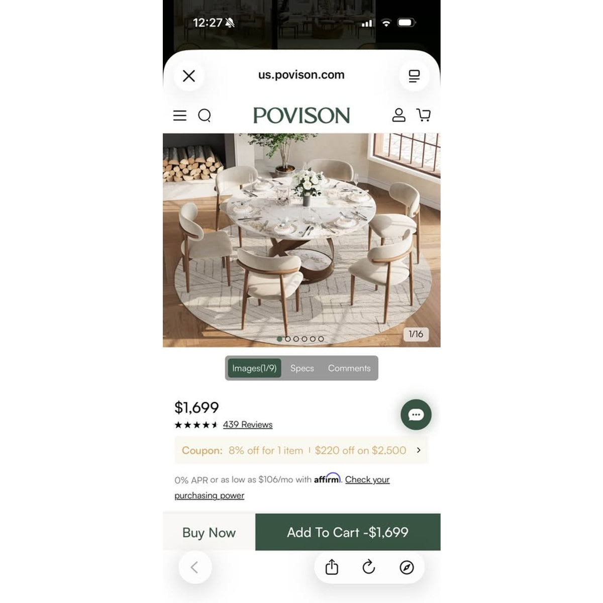 New 59” POVISON Maxwell Round Sintered Stone Dining Table – $1,799 Retail – Delivery Available