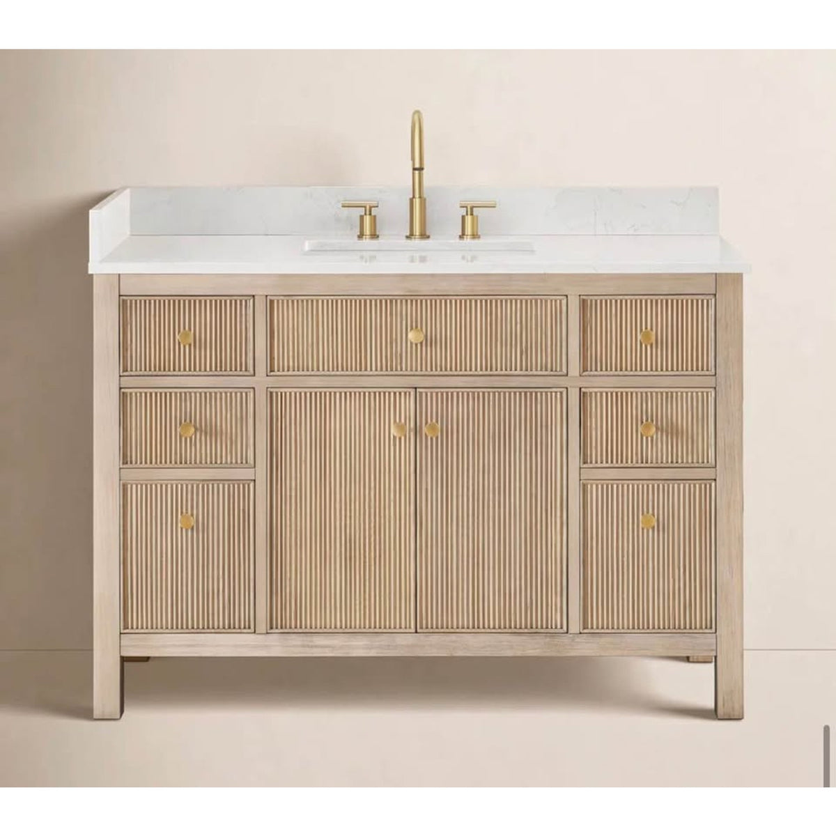 48” Natural Oak Fluted Bathroom Vanity with White Stone Top – New Open Box - Cracked Top - Delivery
