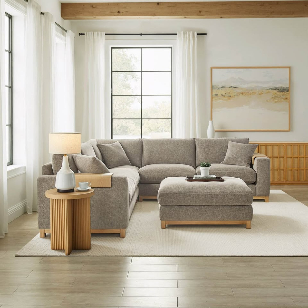 New Aiden & Ivy Hawthorne 3-Piece Sectional w/ Ottoman – Taupe | $2,349 Retail | Delivery Available