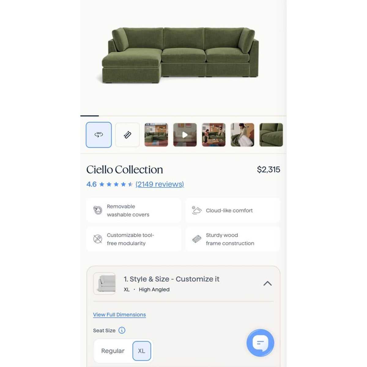 New Cozey Ciello XL 3-Seater Chaise Sectional – Cypress Green Corduroy – Delivery Available