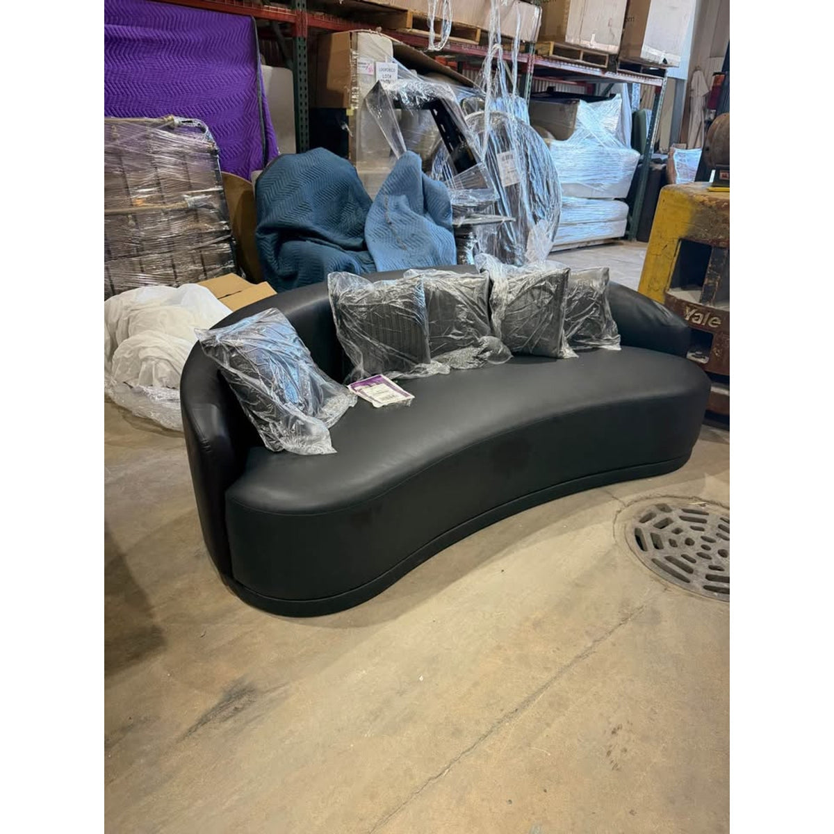 New 91” Curved Faux Leather Sofa – Dark Gray – $1,499 Retail – Delivery Available