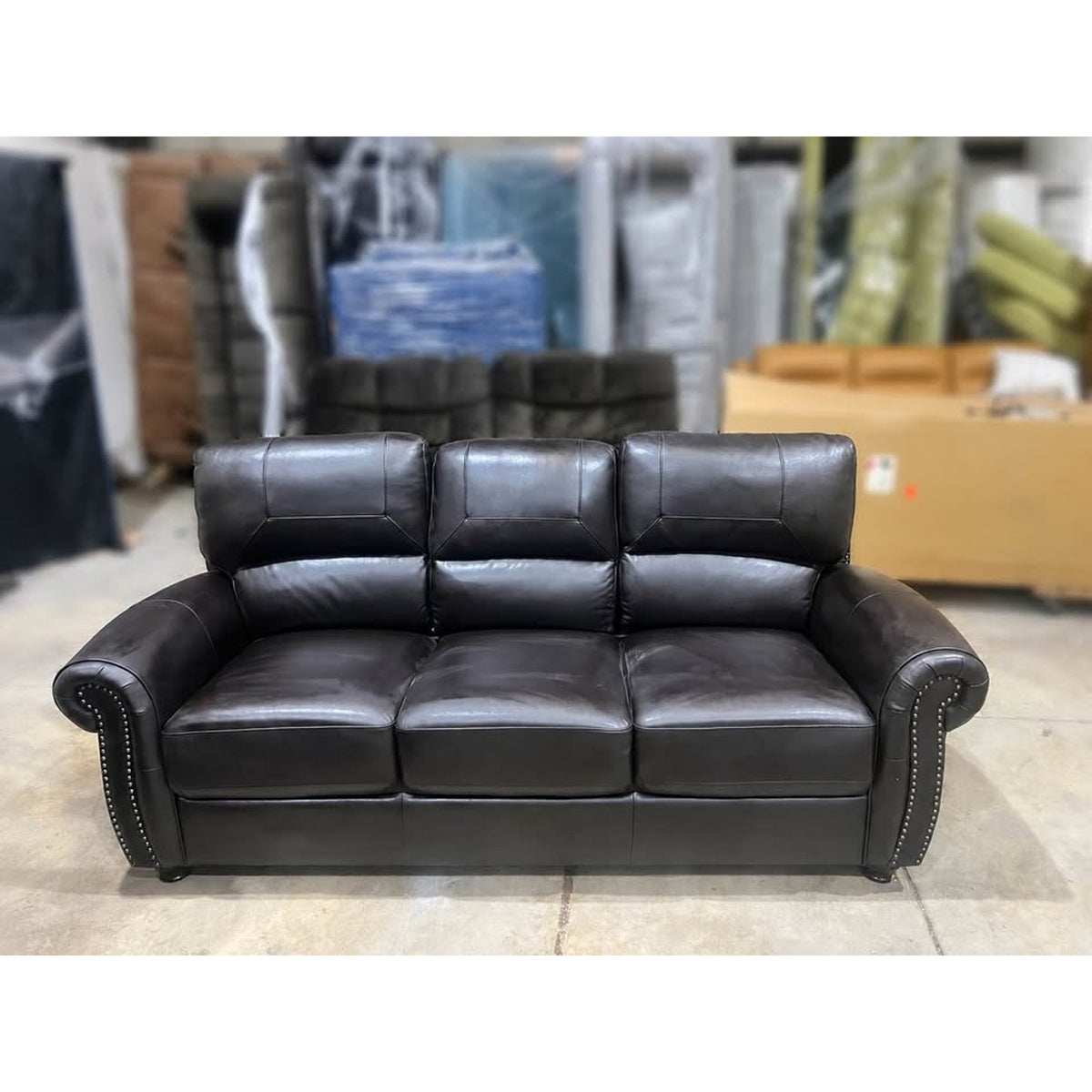 New Genuine Leather 3 Seat Sofa w/ Nailhead Trim – New Open Box – Delivery Available