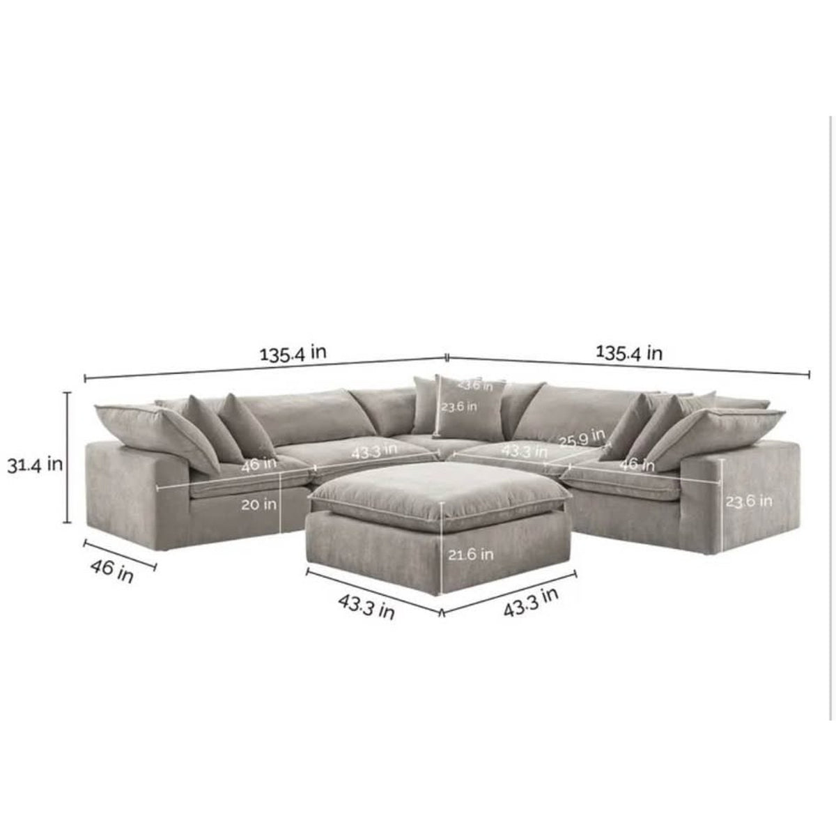 Sereen 6-Piece Modular Sectional Sofa w/Ottoman | Taupe | Oversized Deep Seat Cloud Style Cou