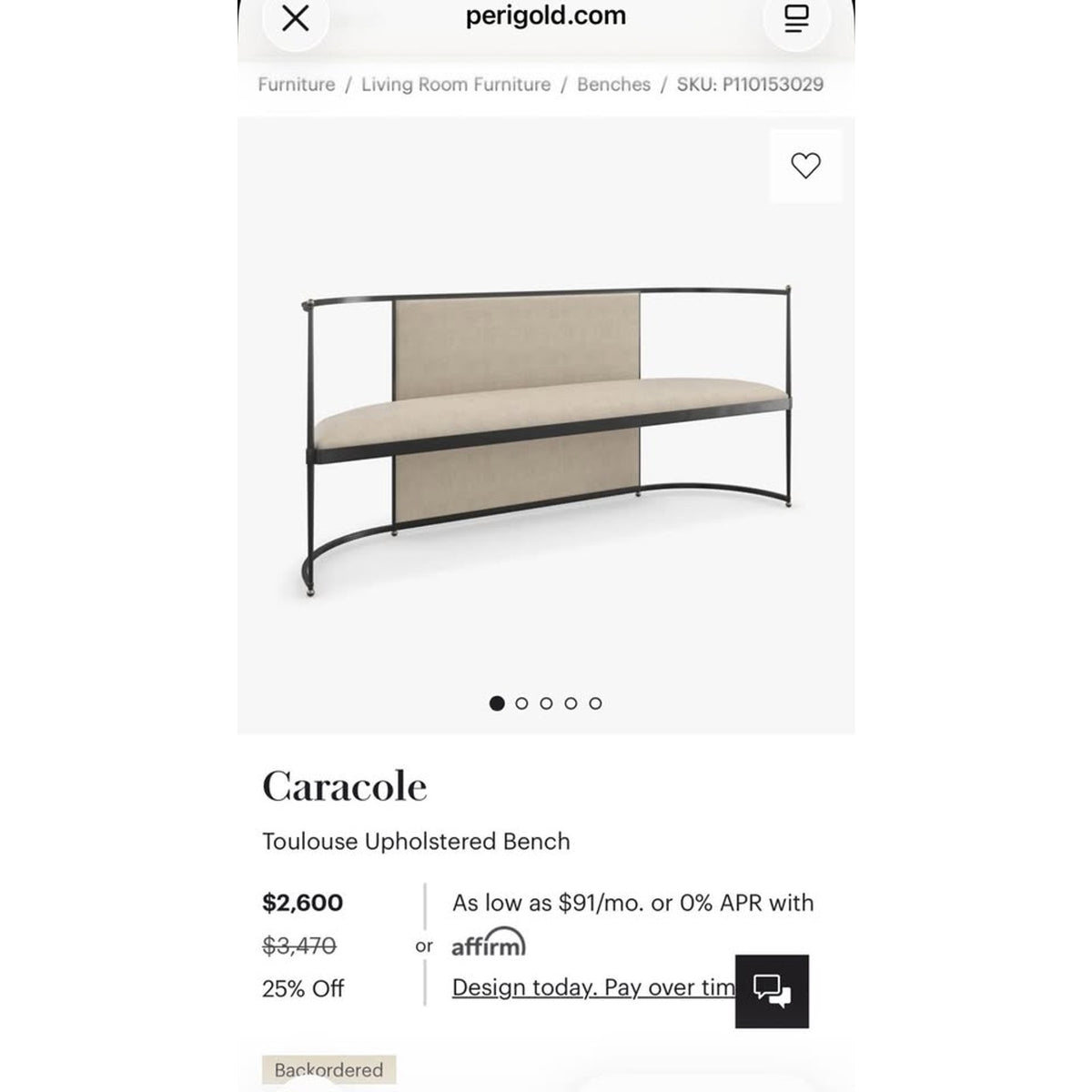 Caracole Toulouse 67” Upholstered Bench – New Open Box