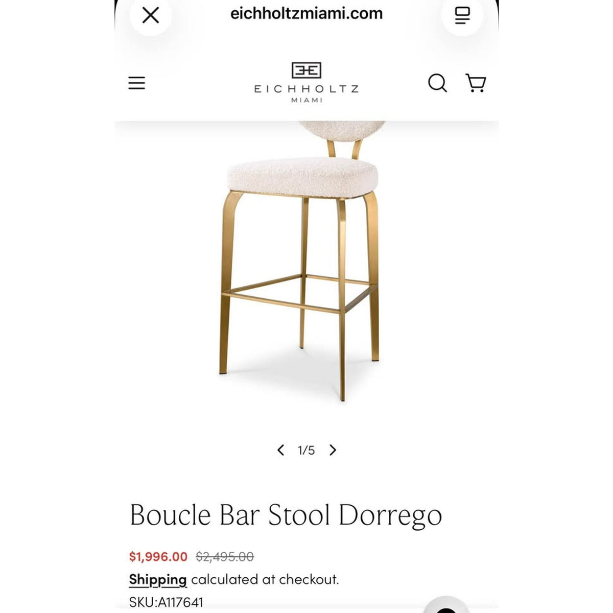 New Set of 3 Eichholtz Dorrego Bouclé Bar Stools – Cream & Brushed Brass – $7,485 Retail – Delivery