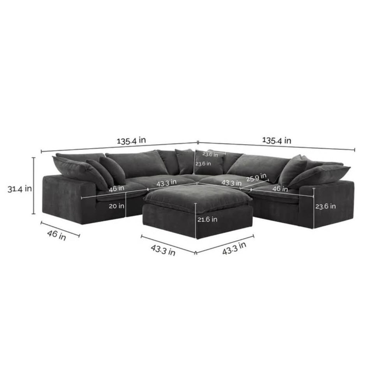 Sereen 6-Piece Modular Sectional Sofa | Dark Gray | Oversized Deep Seat Cloud Style Couch