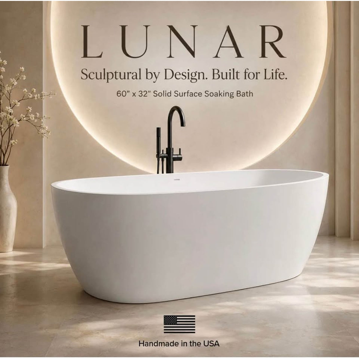 Clarke Lunar 60” Solid Surface Freestanding Soaking Tub – Retail $3,234 – Delivery Available