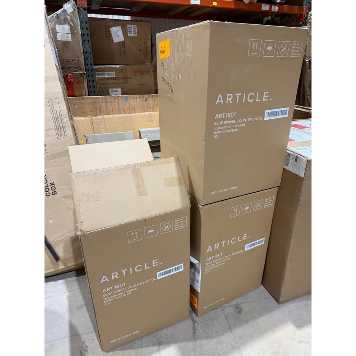 Article Sede Leather Swivel Counter Stools Set of 3 – Walnut & Toscana Tan – New Open Box - Delivery