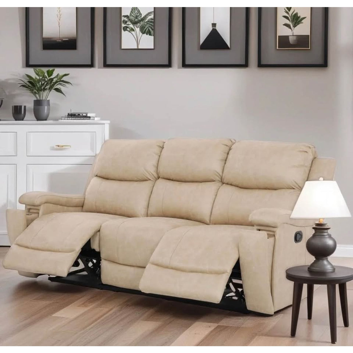 Beige Faux Leather Reclining Sofa – RETAIL $1,098.99 | NEW OPEN BOX | DELIVERY AVAILABLE