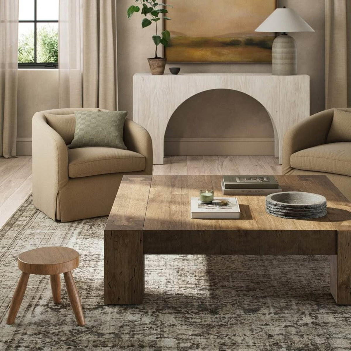 Four Hands Abaso 55” Square Coffee Table Rustic Wormwood Oak Designer Coffee Table Delivery Avail