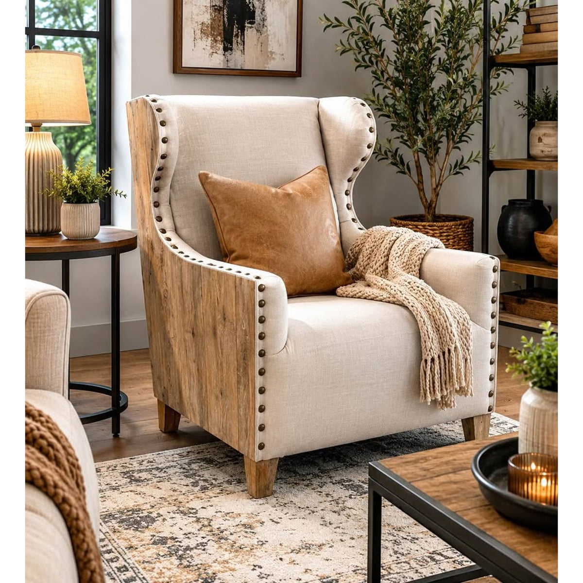 Rustic Modern Wingback Accent Chair | Natural Wood & Oatmeal Fabric - Delivery Available