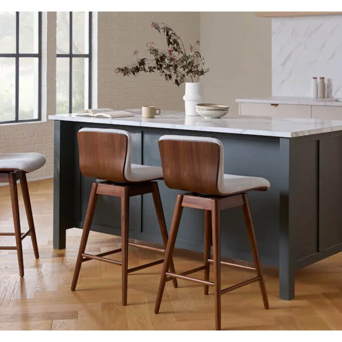 Article Sede Swivel Bar Stools – Walnut & Mist Gray – (2 or 4) $349ea Retail New Open Box Delivery
