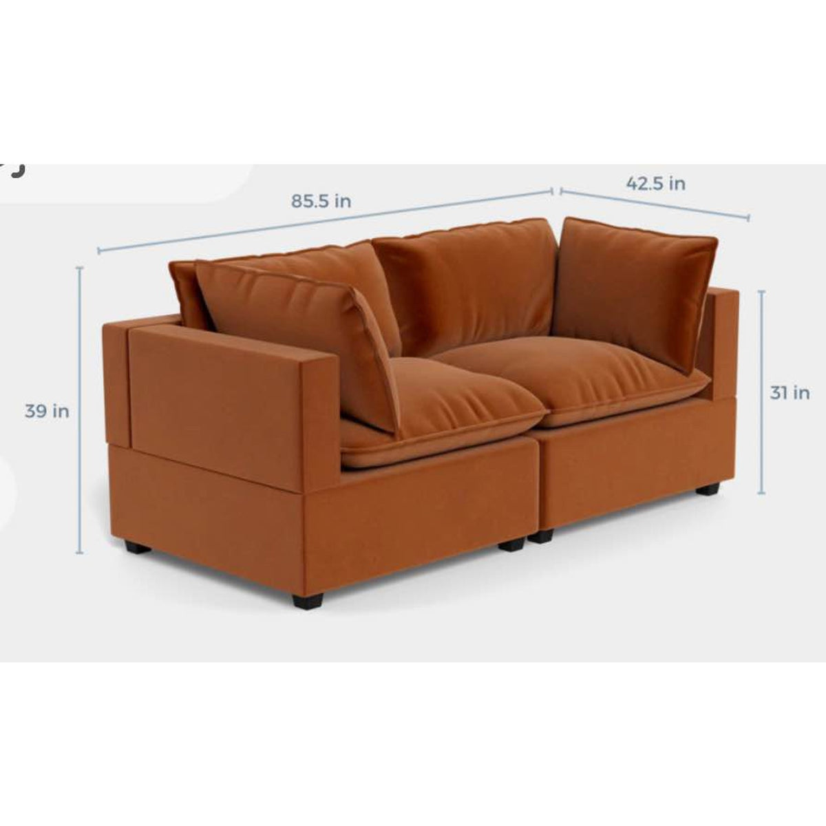 Albany Park Kova Pillow Cushion Sofa | Rust Performance Velvet | 86” - Delivery Available