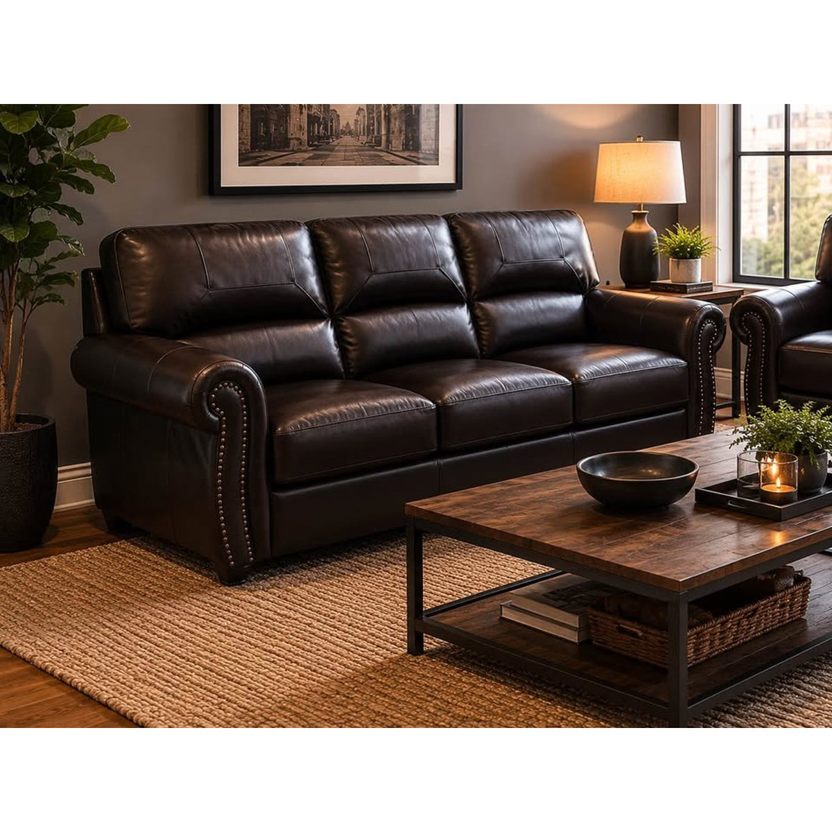 New Genuine Leather 3 Seat Sofa w/ Nailhead Trim – New Open Box – Delivery Available