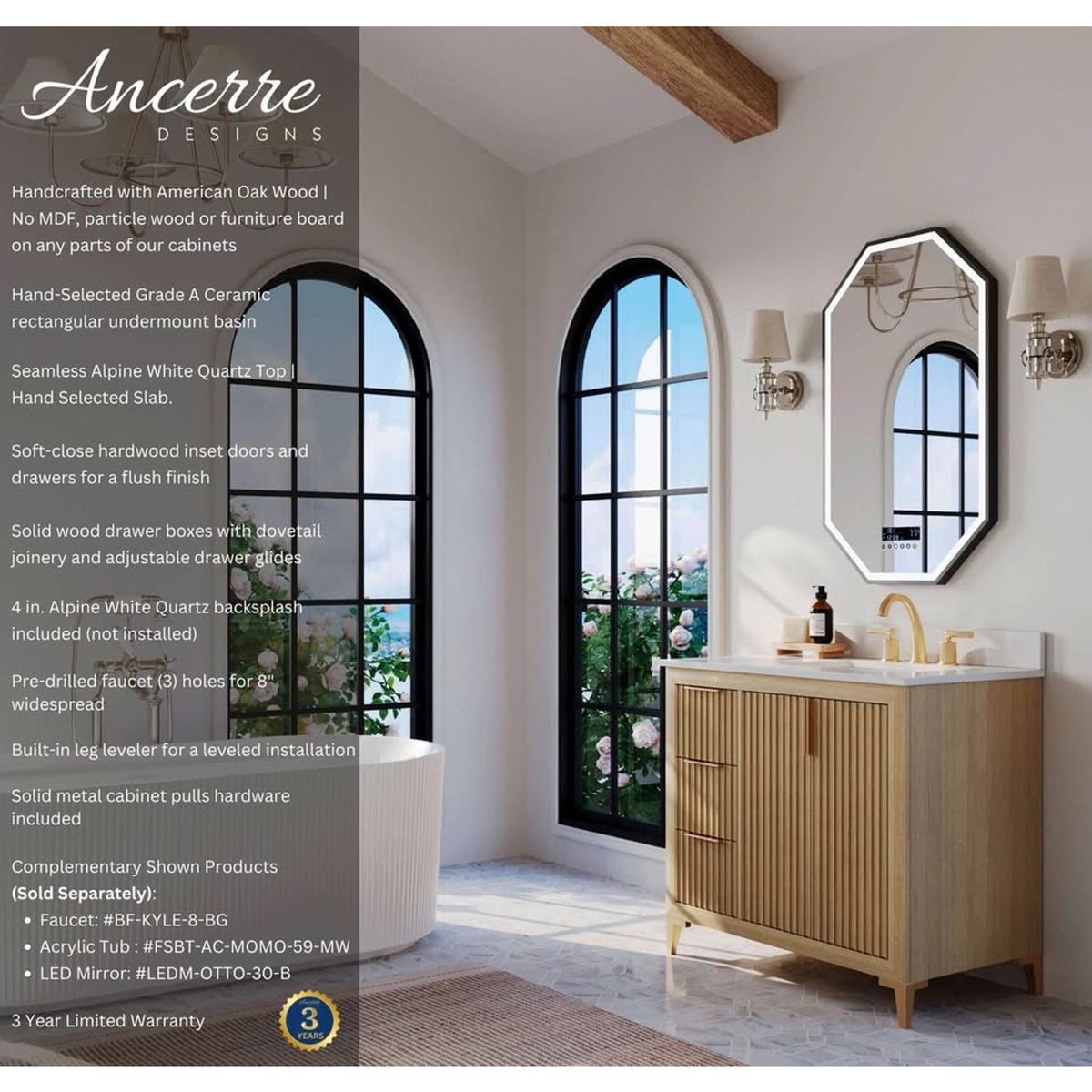 Ancerre Turlington 36” White Oak Bathroom Vanity | Right Offset Sink | Fluted Modern Design
