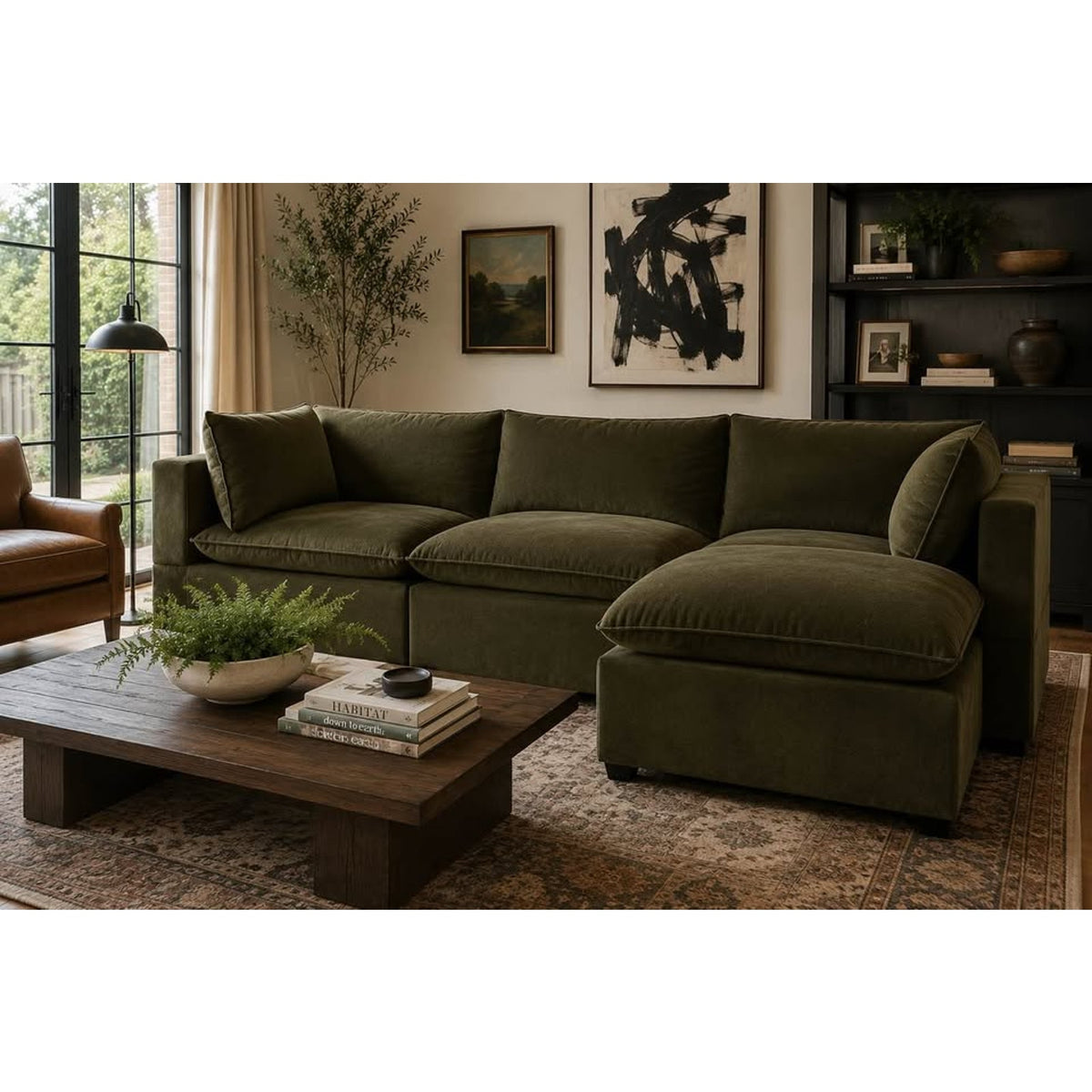 Albany Park Kova Pillow Cushion Sofa + Ottoman | Olive Performance Velvet | 122” Delivery Available