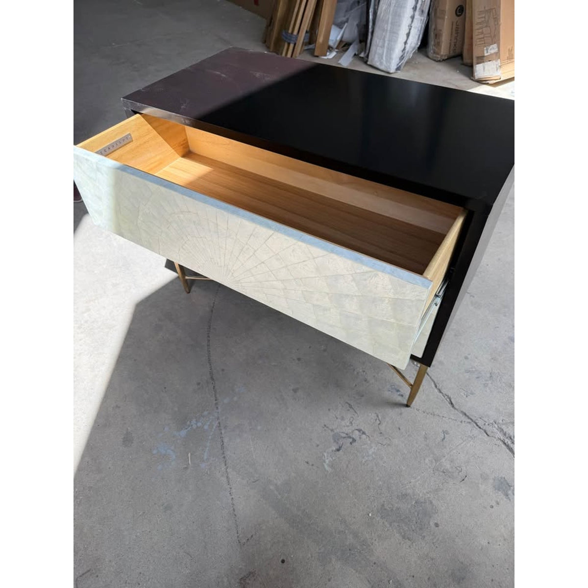 Bernhardt Adagio Bachelor’s Chest / Luxury Nightstand – Capiz Inlay & Brass Base Delivery Available