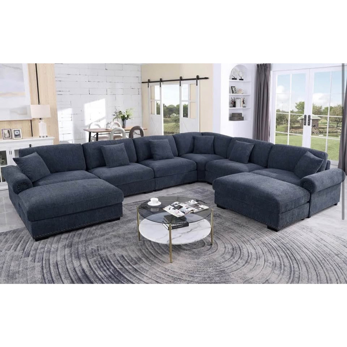 Latitude Run Worthland 8 Piece Modular Sectional Sofa Dark Blue Chenille Cloud Couch Deep Seat 143”