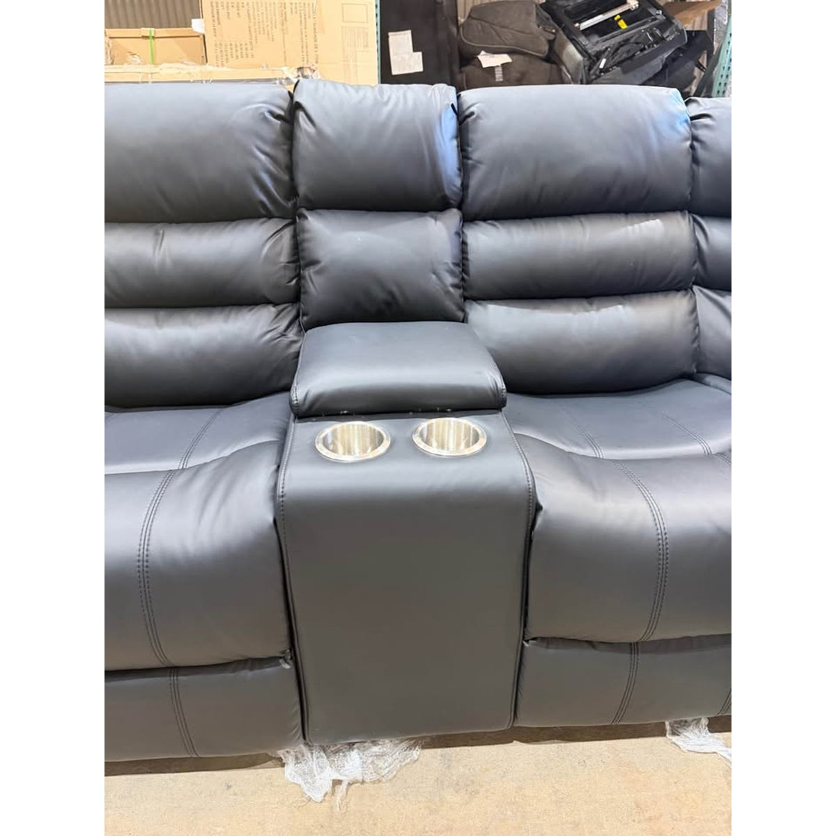3-Piece Black Faux Leather Reclining Sectional – Storage Console – Delivery Available