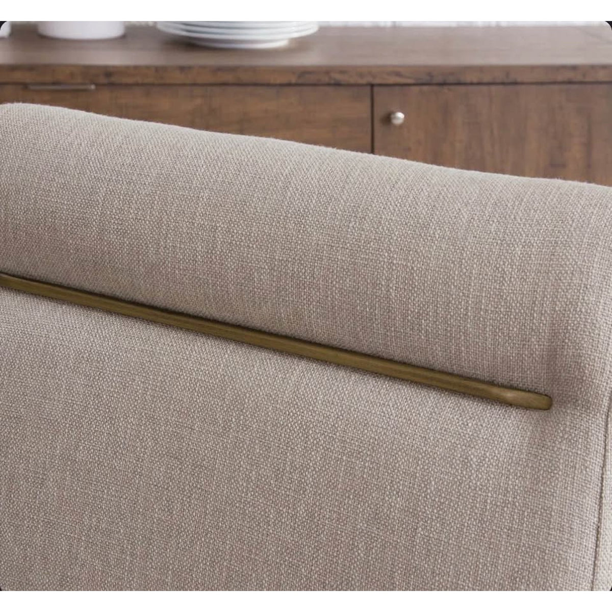 Dining Chairs (2) Beige Fabric - Toffee Wood Legs - Brass Accent - New “open box” - Delivery Avail