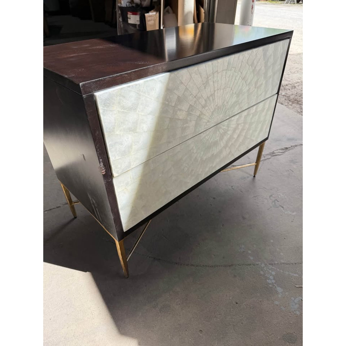 Bernhardt Adagio Bachelor’s Chest / Luxury Nightstand – Capiz Inlay & Brass Base Delivery Available
