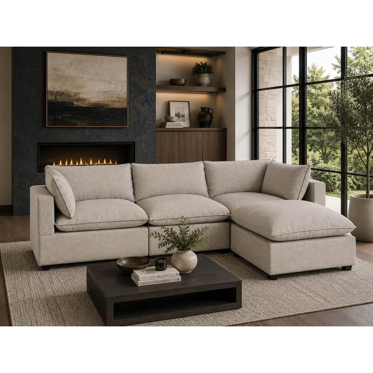 Albany Park Kova Pillow Cushion L-Shape Sectional Sofa | Oatmeal Performance Chenille | 122”