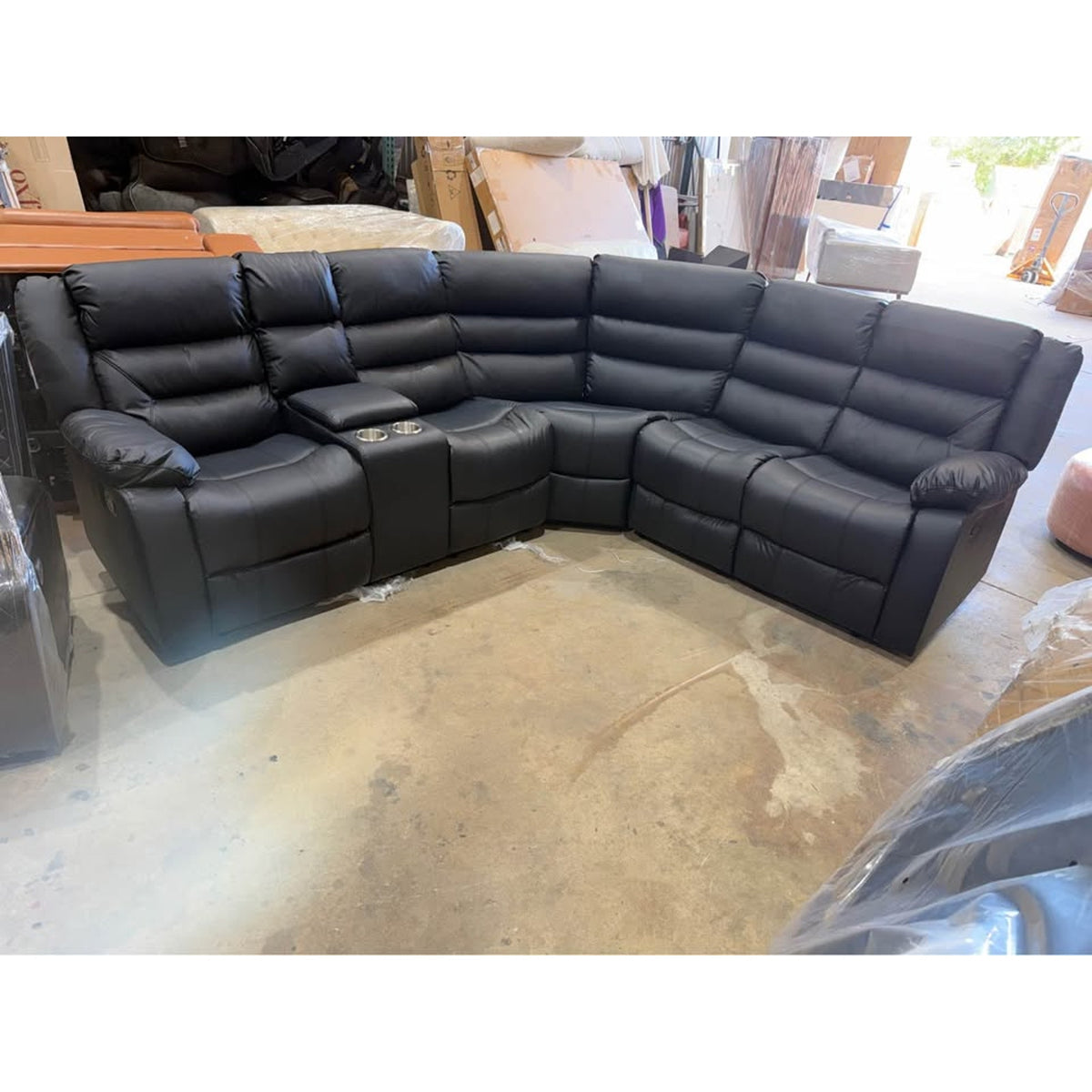 3-Piece Black Faux Leather Reclining Sectional – Storage Console – Delivery Available