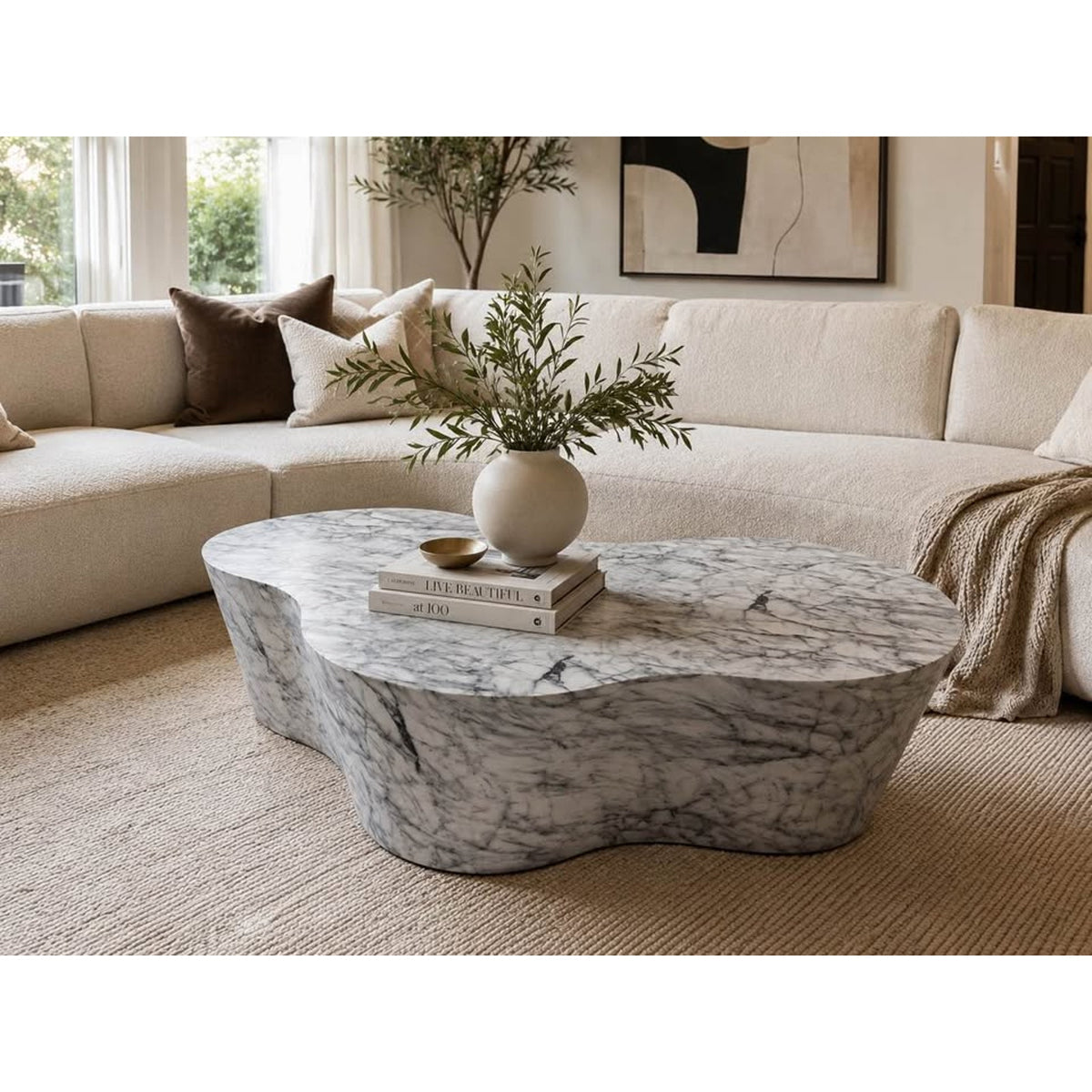 59” Sculptural Cloud Coffee Table | Faux Marble Waterfall Design | Retail $1,299 Delivery Available