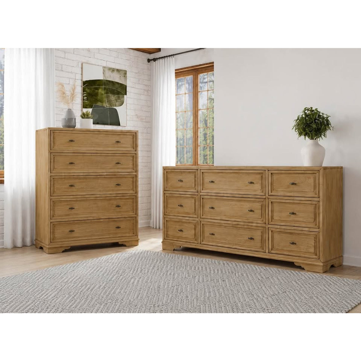Light Oak 2-Piece Bedroom Set – 9 Drawer Dresser & 5 Drawer Chest – New Open Box Delivery Avail