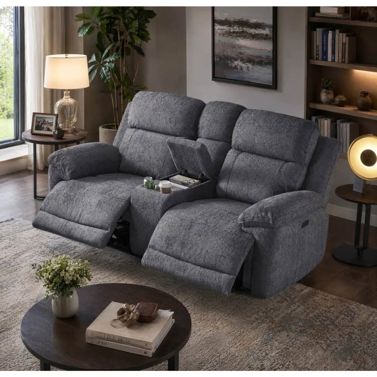 Gray Power Reclining Loveseat w/ Console – RETAIL $995 | NEW OPEN BOX | DELIVERY AVAILABLE