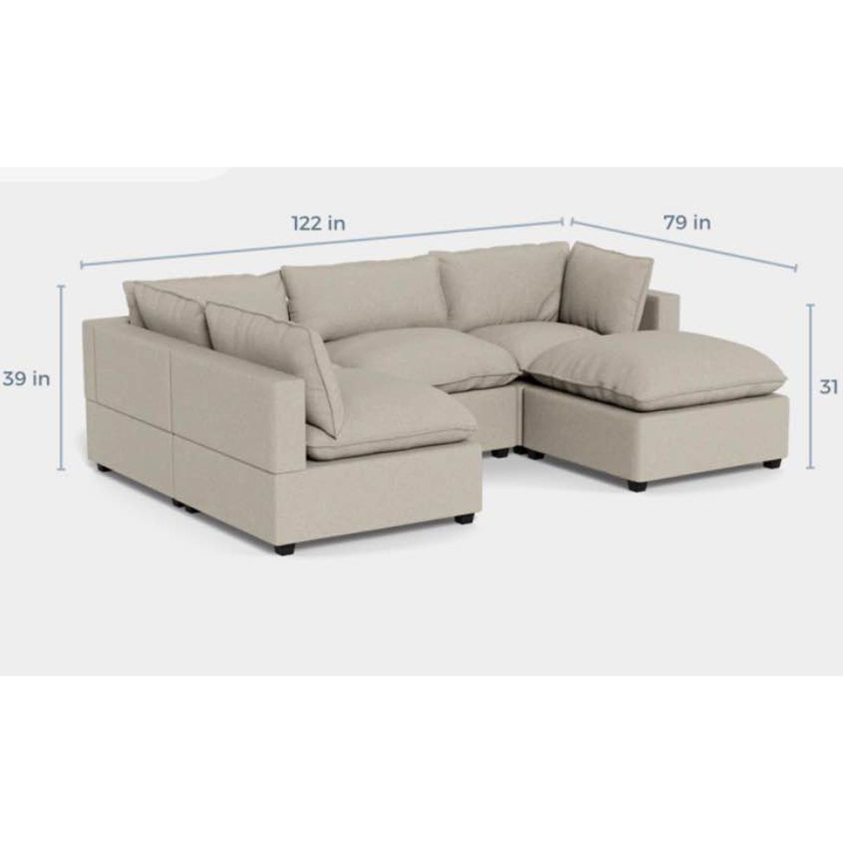 Albany Park Kova Pillow Cushion L-Shape Sectional with Ottoman | Oatmeal Performance Chenille