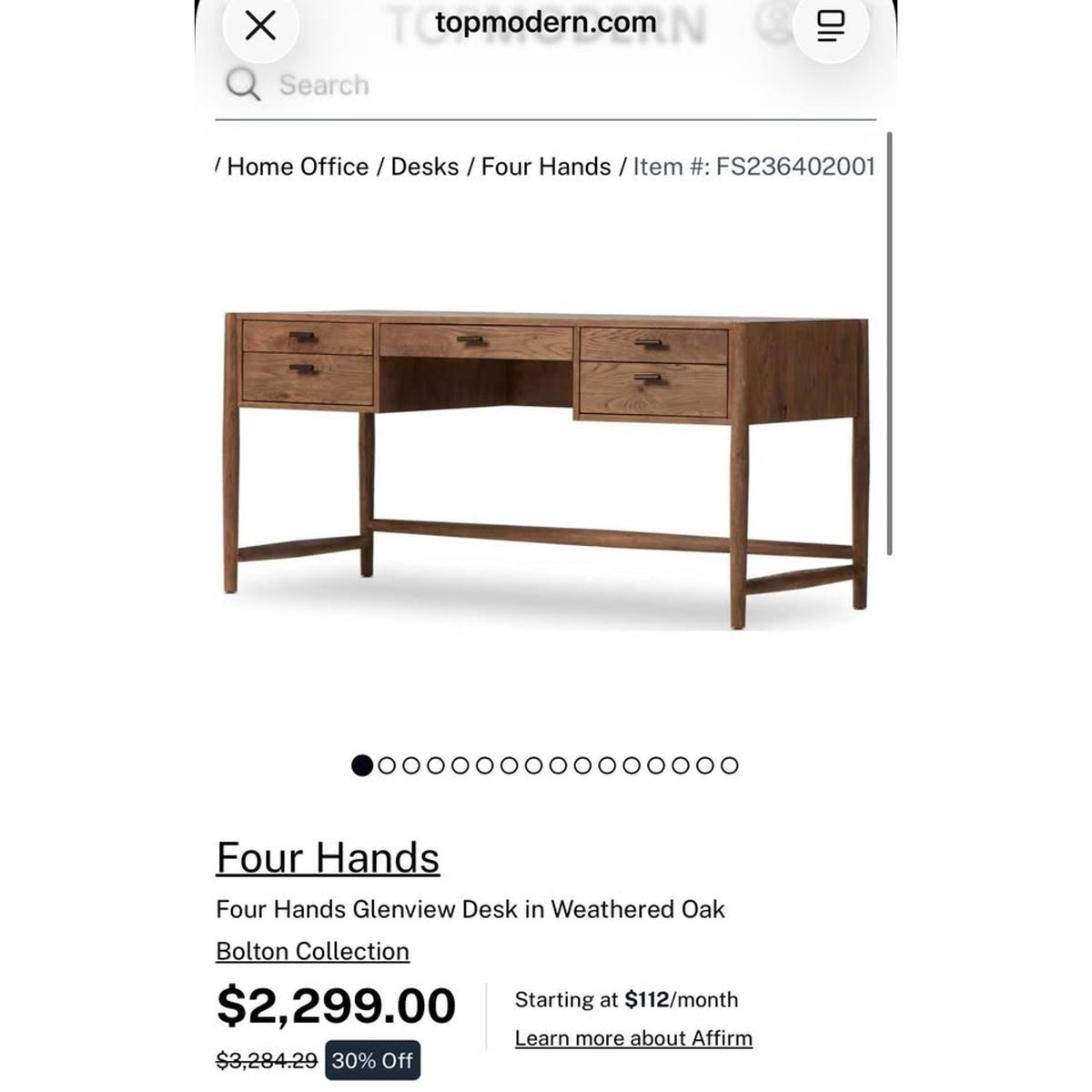 Four Hands Glenview Solid Wood Writing Desk – Weathered Oak Executive Office Desk