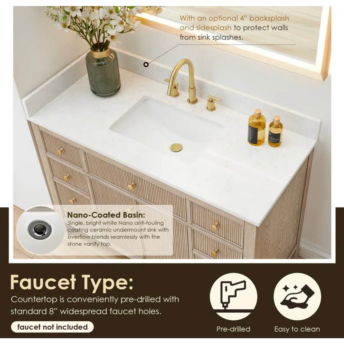 48” Natural Oak Fluted Bathroom Vanity with White Stone Top – New Open Box - Cracked Top - Delivery