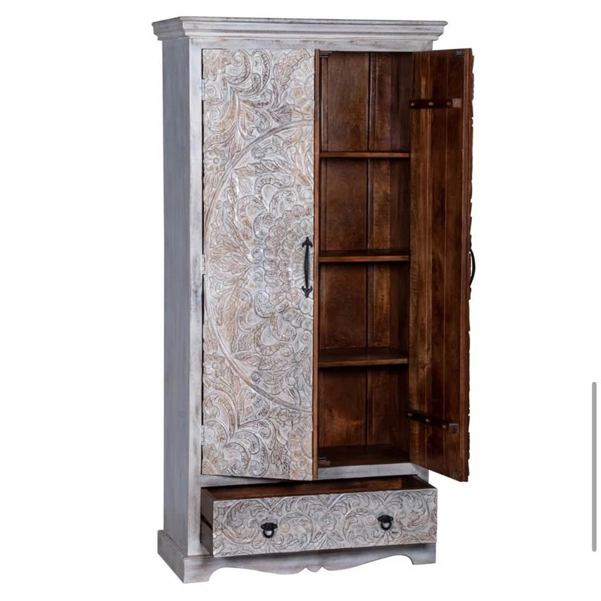 White Washed Carved Solid Wood Armoire Cabinet - Open Box - $1,600 Retail - Delivery Available