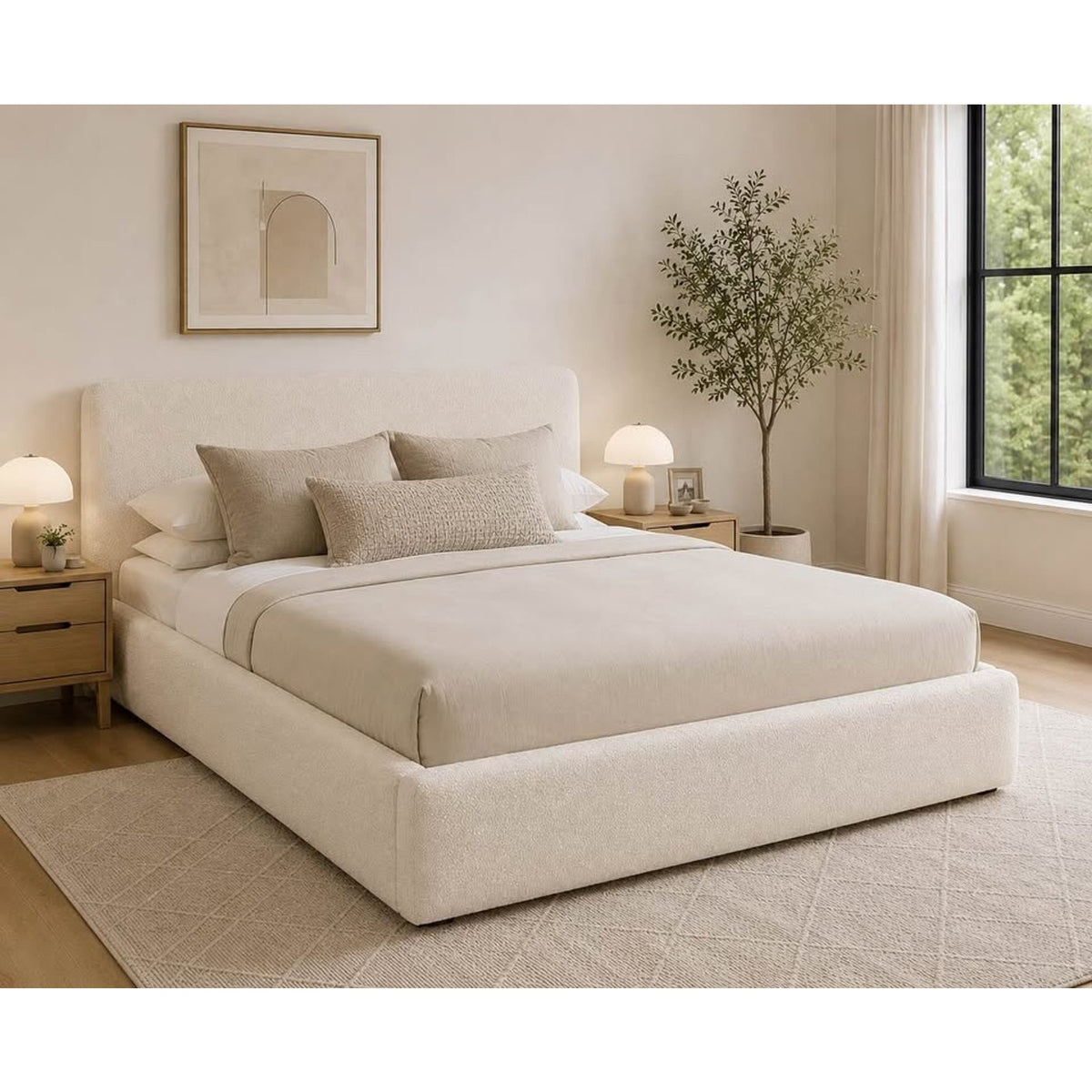 King Lift-Up Storage Bed – Cream Bouclé Upholstered Platform Bed - Delivery Available