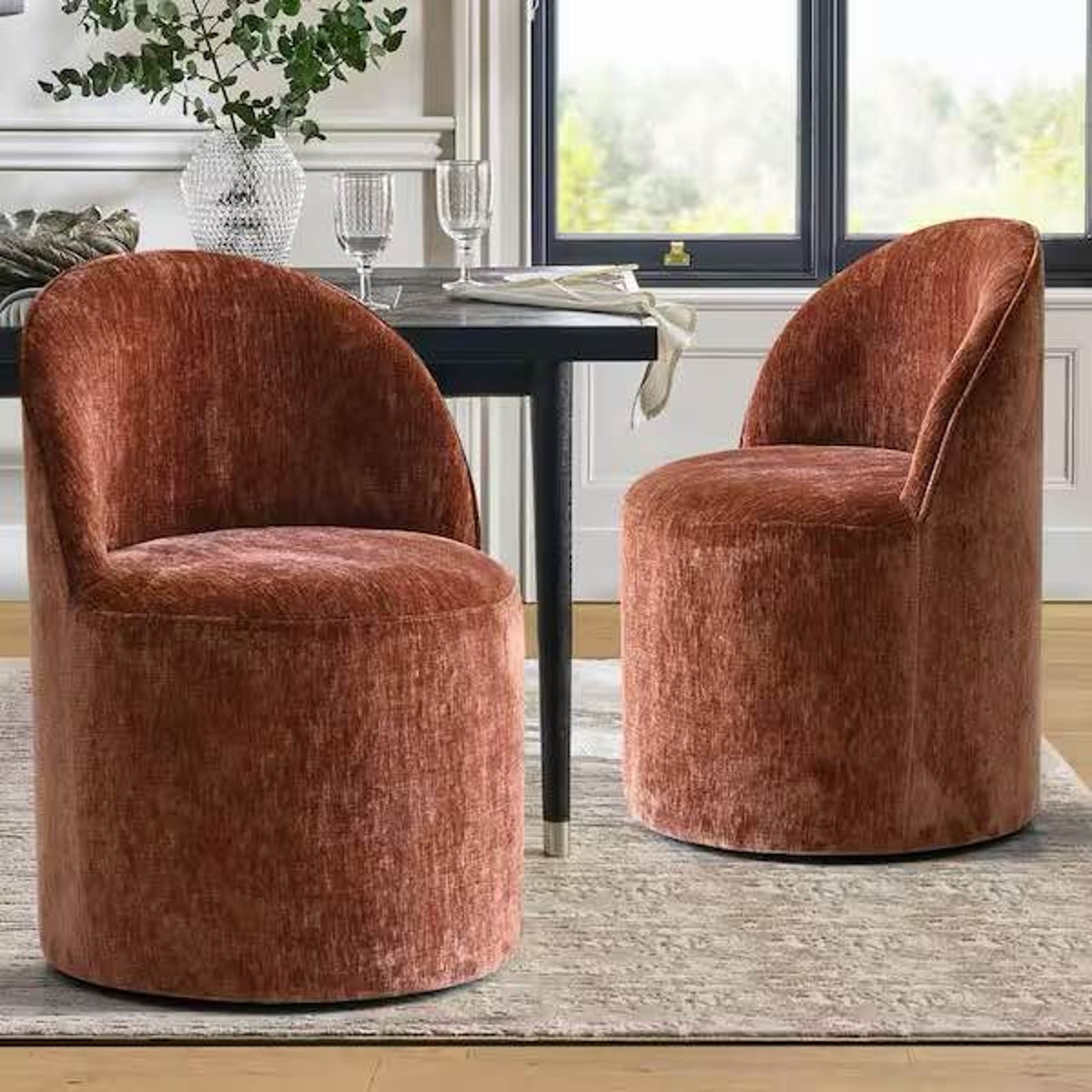 Set of 6 Rust Velvet Barrel Dining Chairs – New Open Box - $1200 Retail - Delivery Available