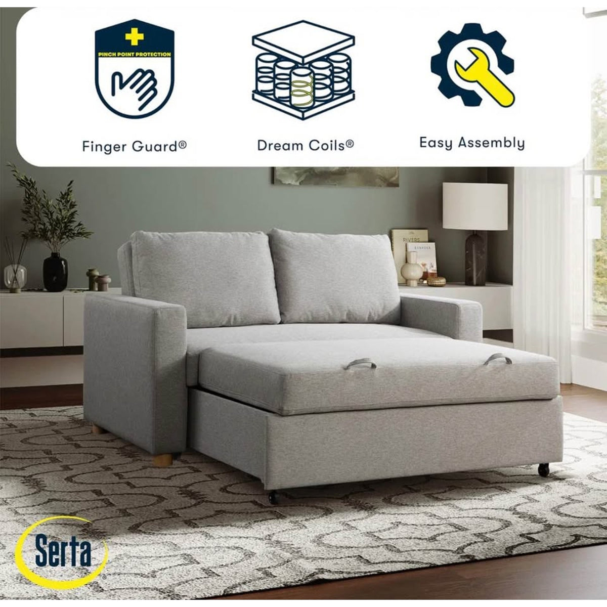 Serta Trinity Full Size Sleeper Sofa | Light Gray Woven Fabric | Convertible Sofa Bed - Delivery