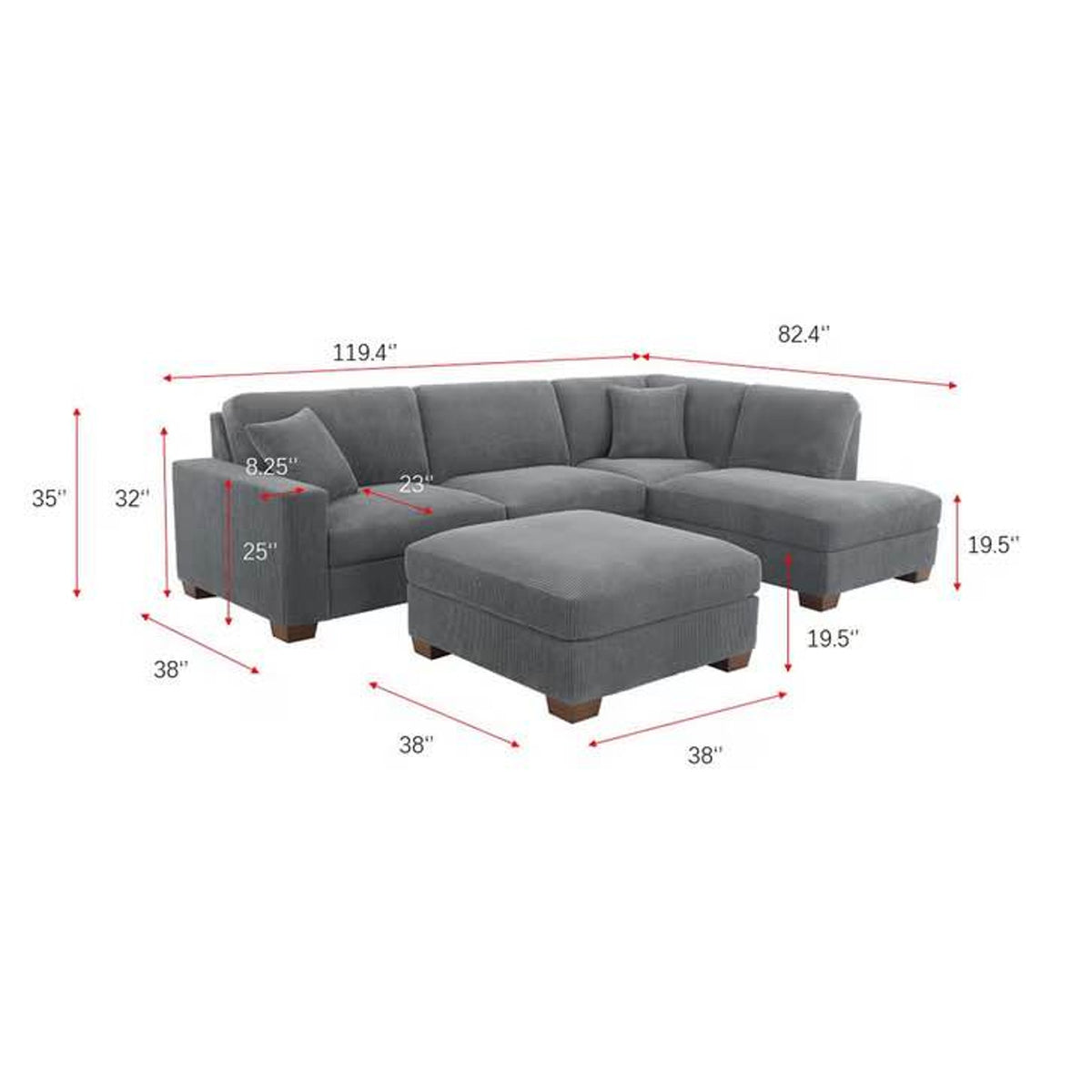 Thomasville Artesia 3-Piece Corduroy Fabric Sectional with Ottoman – Gray | $1,499 Retail | Delivery