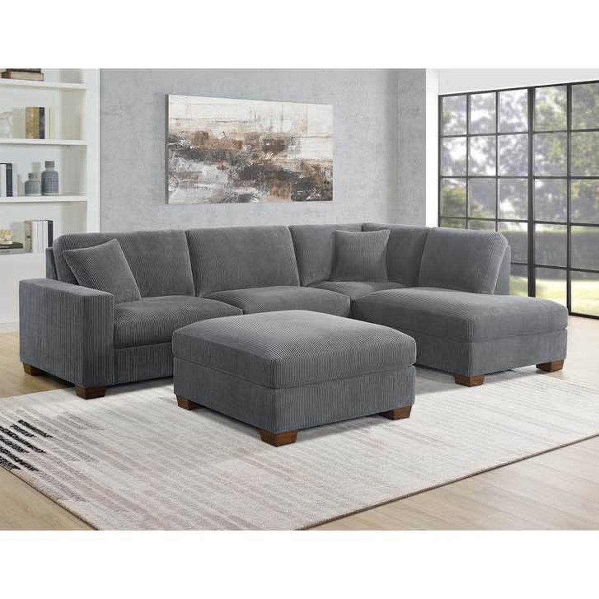 Thomasville Artesia 3-Piece Corduroy Fabric Sectional with Ottoman – Gray | $1,499 Retail | Delivery