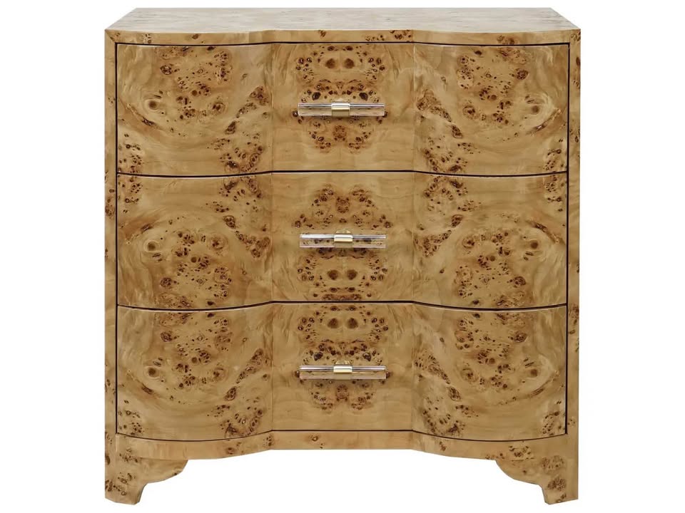 Burl Wood 3-Drawer Nightstand – Worlds Away Calvin – $2,397 Retail – Delivery Available