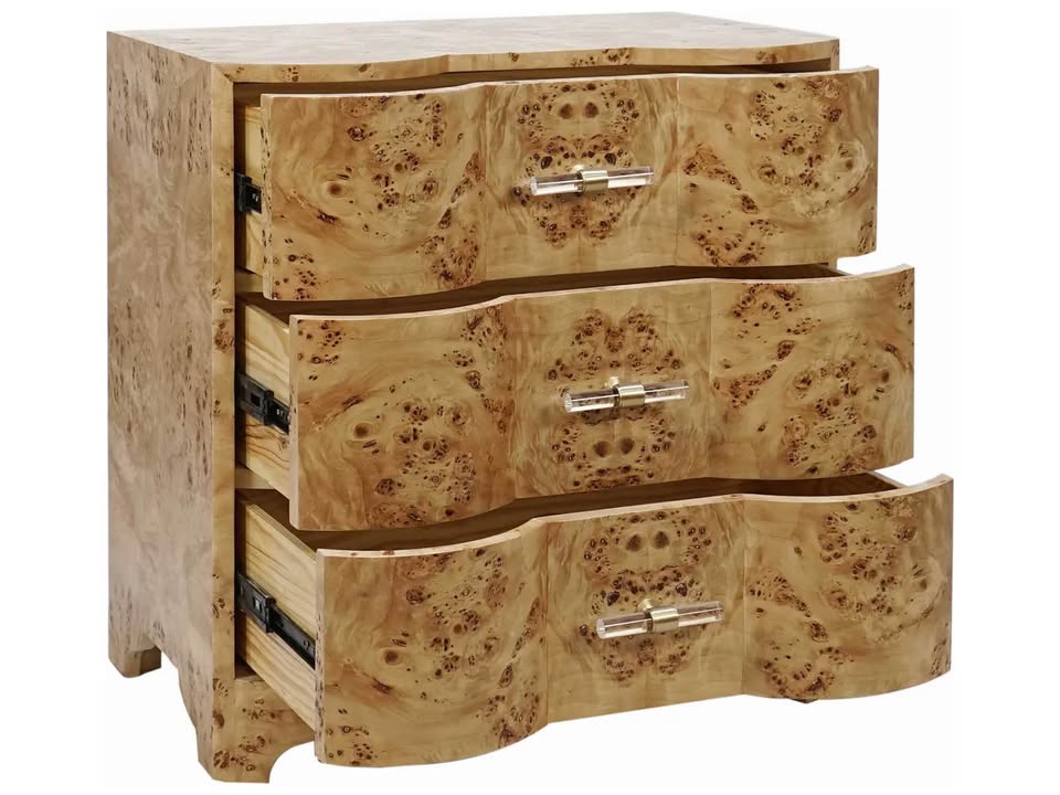 Burl Wood 3-Drawer Nightstand – Worlds Away Calvin – $2,397 Retail – Delivery Available
