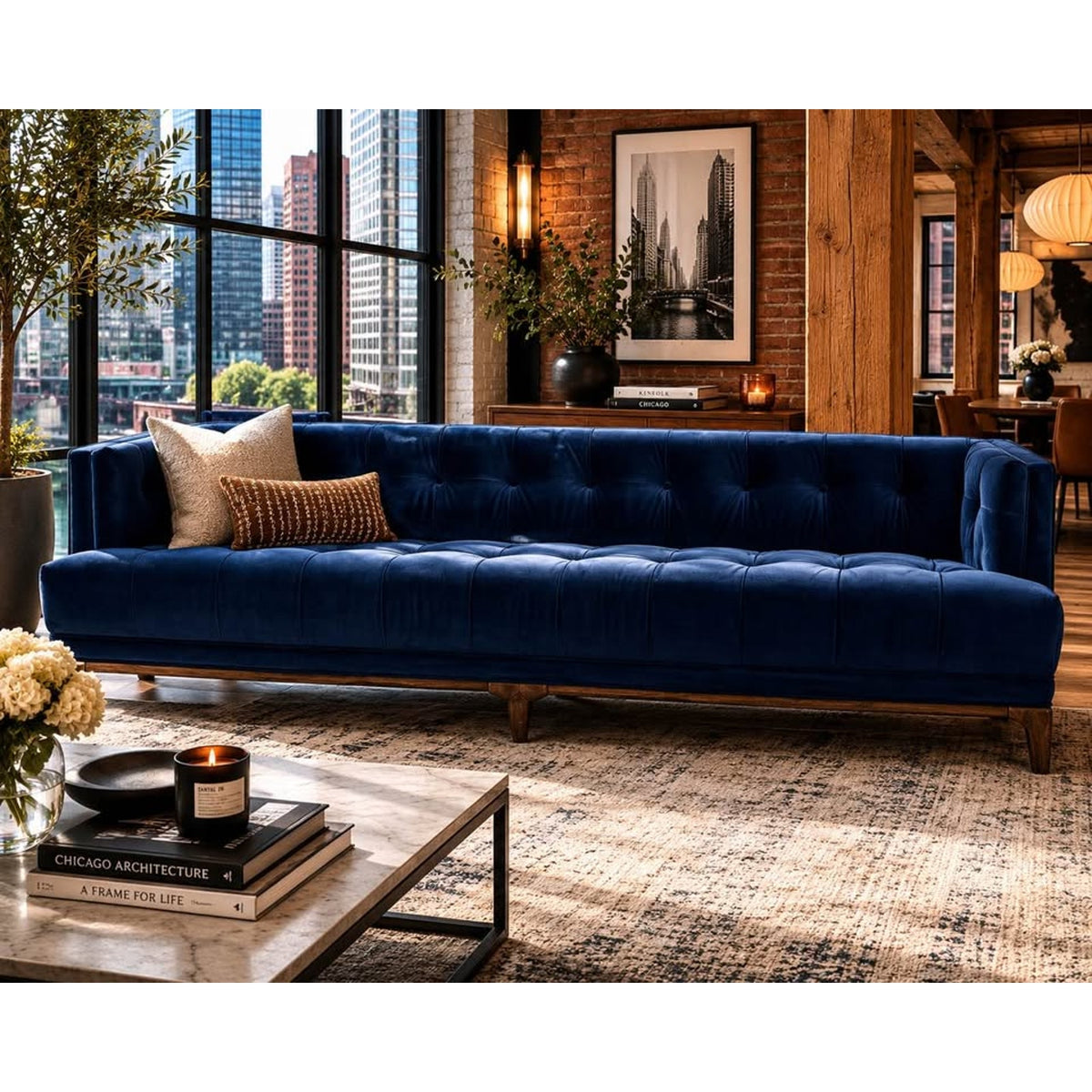 Four Hands Dylan 91” Tufted Tuxedo Sofa in Sapphire Navy Velvet – $2099 Retail - Delivery Available