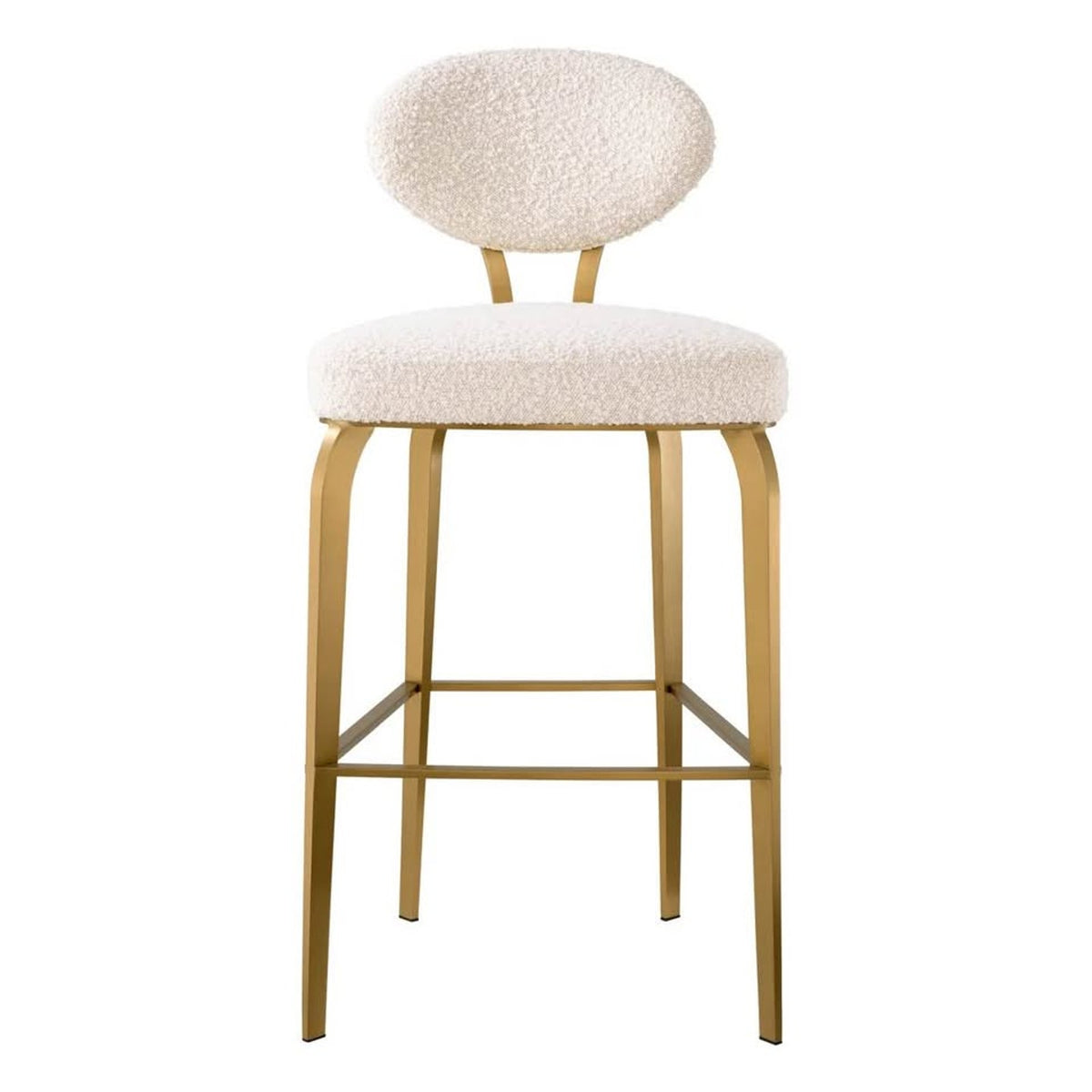 New Set of 3 Eichholtz Dorrego Bouclé Bar Stools – Cream & Brushed Brass – $7,485 Retail – Delivery