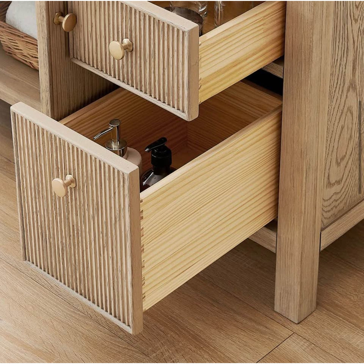 48” Natural Oak Fluted Bathroom Vanity with White Stone Top – New Open Box - Cracked Top - Delivery