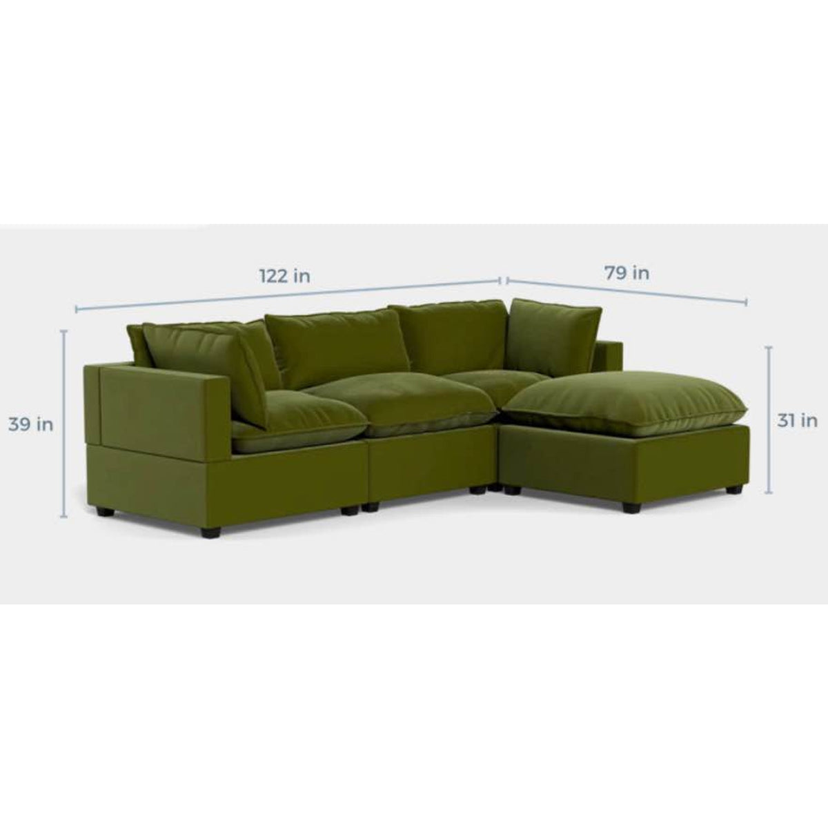Albany Park Kova Pillow Cushion Sofa + Ottoman | Olive Performance Velvet | 122” Delivery Available