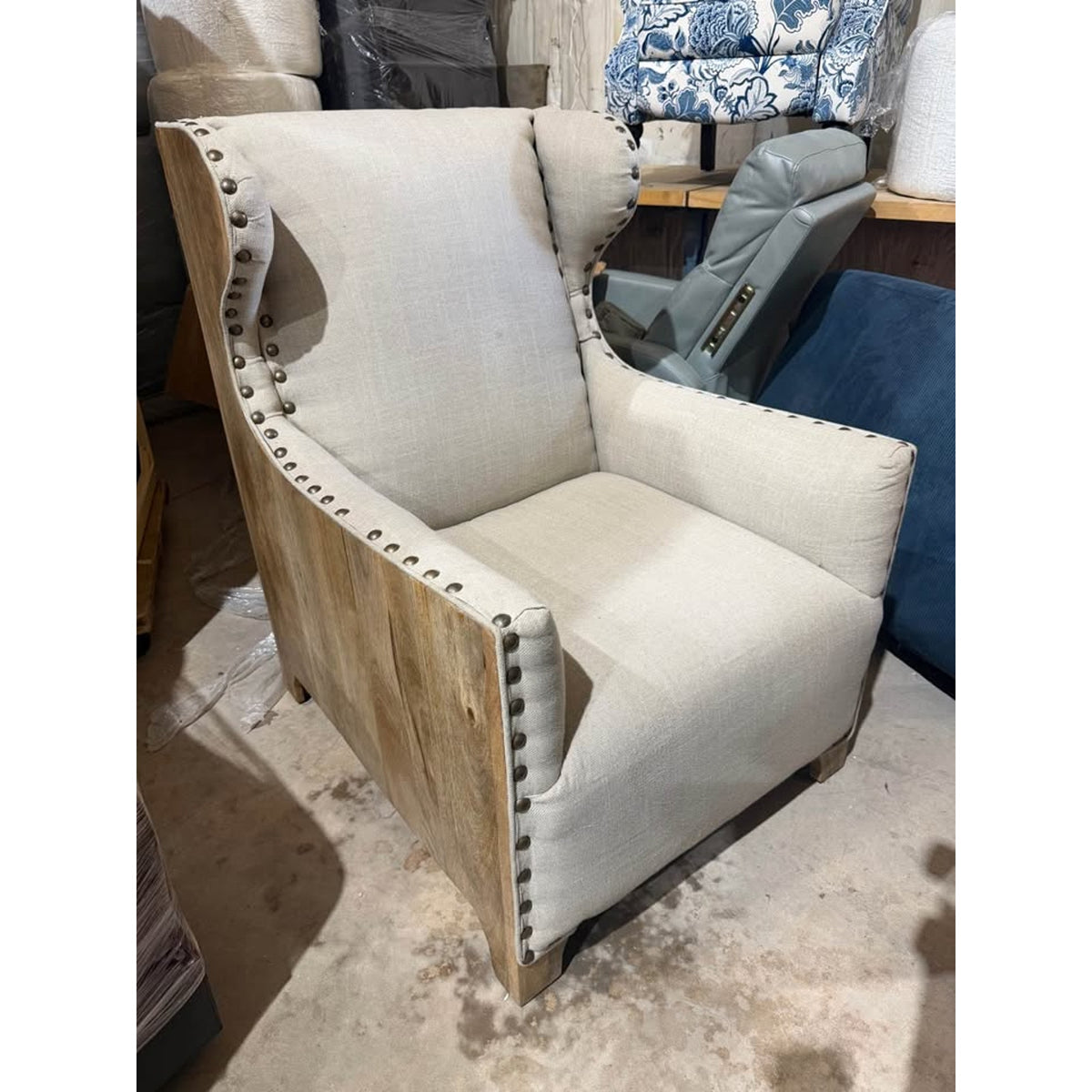 Rustic Modern Wingback Accent Chair | Natural Wood & Oatmeal Fabric - Delivery Available