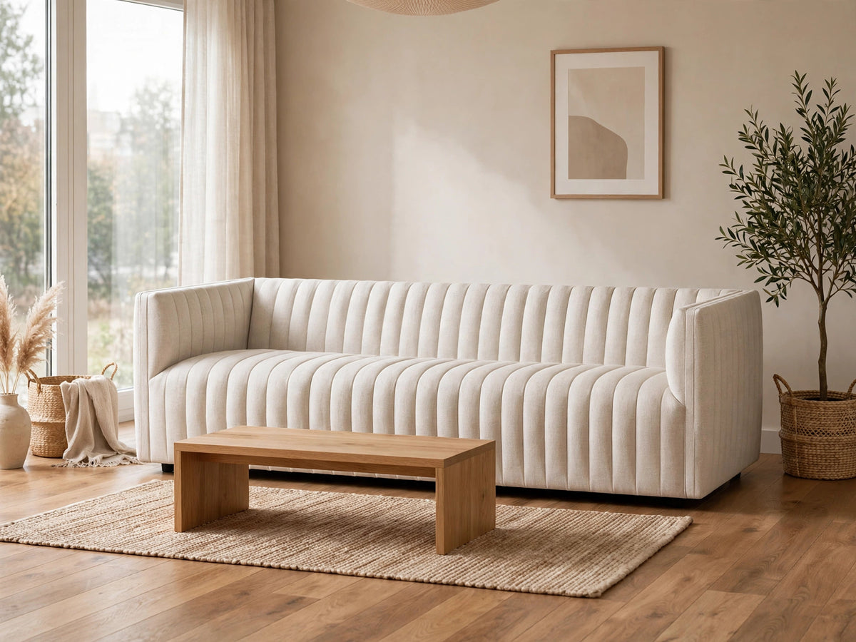 New Four Hands Augustine 97″ Sofa in Dover Crescent — Channel-Tufted Linen-Blend — Delivery Available