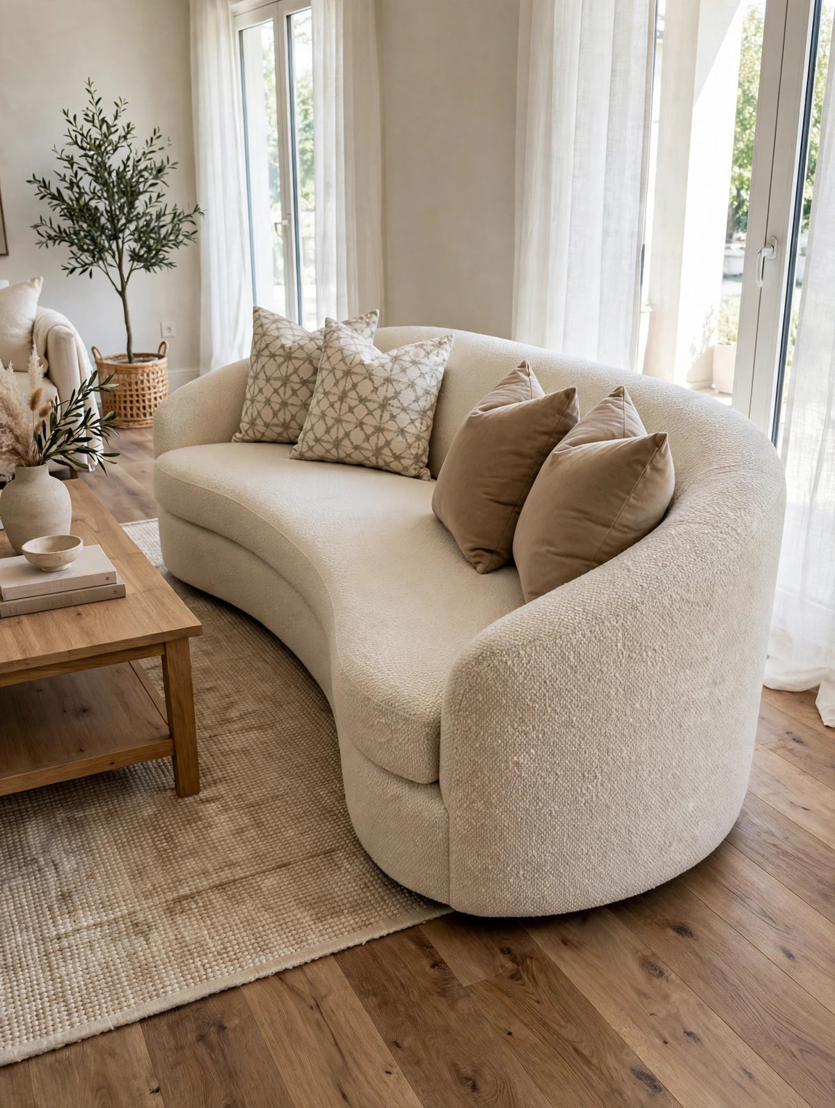New Coaster Curved Bouclé Sofa — 88.5″ Modern Cream Sofa with Accent Pillows — Delivery Available