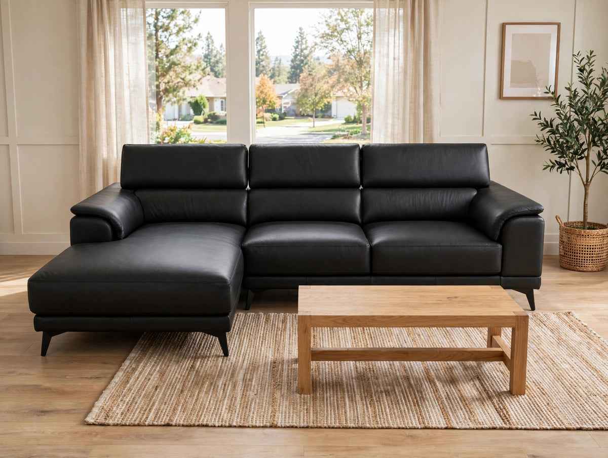 New Orren Ellis Mahowny 106″ Genuine Leather Sectional with Left Chaise in Black — Delivery Available