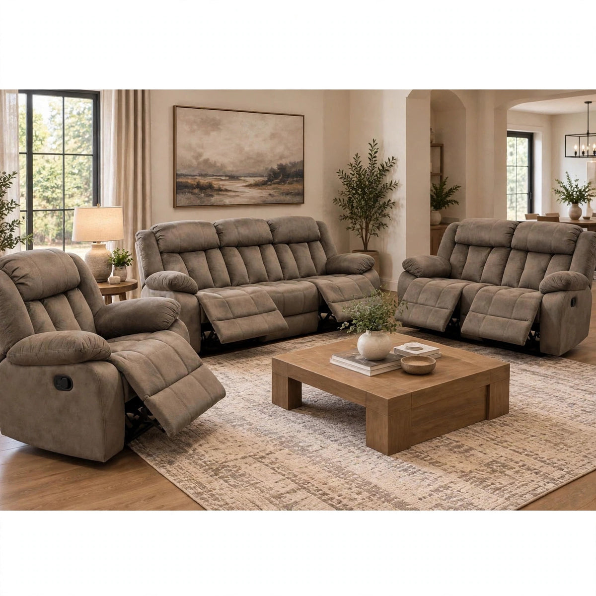 3-Piece Light Tan Reclining Sofa, Loveseat & Chair Set – New Open Box